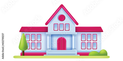 3D school building, vector cartoon public library academy exterior, kindergarten facade windows. University campus entrance door, city architecture landscape element, trees. School building clipart