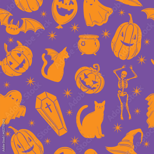 Halloween seamless pattern, vector Holiday spooky background, cartoon cute funny pumpkin, cat, stars. Celebration October creepy apparel texture, party wrapping paper, casket lid. Halloween pattern