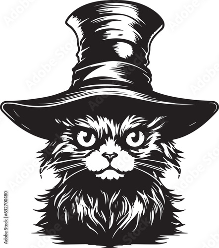 Halloween cat in a witch hat, Vintage cat head, halloween black cat Vector illustration, SVG