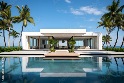 Exterior of amazing modern minimalist cubic villa with large swimming pool among palm trees ai generated © เดชติศักดิ์ ขําชุม