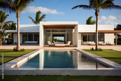 Exterior of amazing modern minimalist cubic villa with large swimming pool among palm trees ai generated © เดชติศักดิ์ ขําชุม