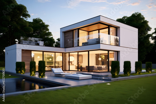 Exterior of modern minimalist cubic villa with landscaping designed backyard ai generated