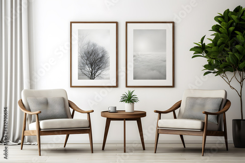 chairs and round wooden coffee table with mock up poster ai generated