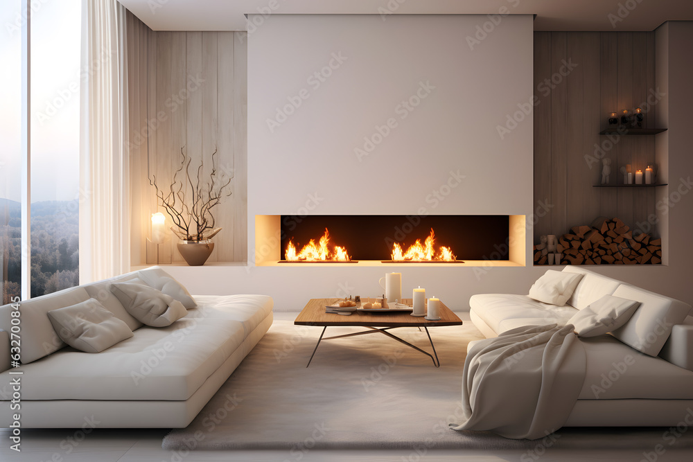 White sofa near fireplace. Interior design of modern living room ai generated White sofa near fireplace. Interior design of modern living room ai generated