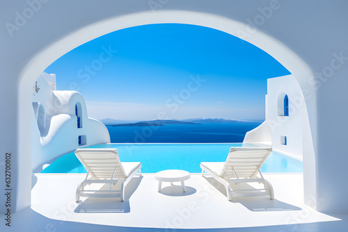 Two deck chairs on terrace with pool with stunning sea view. Traditional mediterranean white architecture with arch. Summer vacation concept ai generated