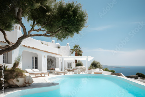 Traditional mediterranean white house with pool ai generated