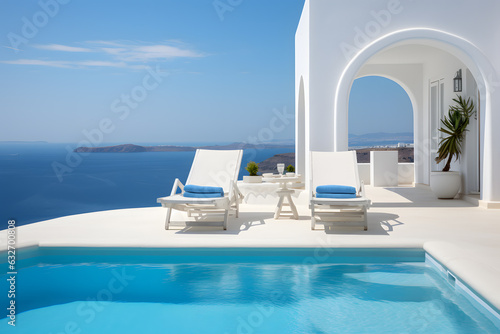 Two deck chairs on terrace with pool with stunning sea view. Traditional mediterranean white architecture with arch. Summer vacation concept ai generated