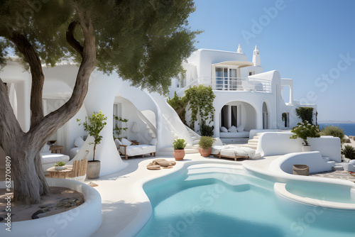 Traditional mediterranean white house with pool ai generated