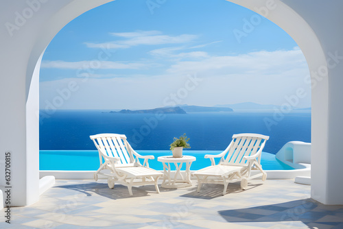 Two deck chairs on terrace with pool with stunning sea view. Traditional mediterranean white architecture with arch. Summer vacation concept ai generated