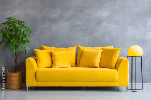 Vibrant yellow sofa with colorful cushions. Minimalist style home interior design of modern living room ai generated