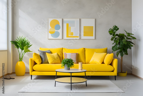 Vibrant yellow sofa with colorful cushions. Minimalist style home interior design of modern living room ai generated