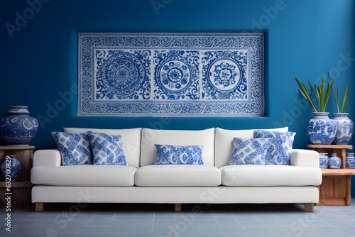 White sofa near blue motifs patterned wall. Boho or eclectic, bohemian interior design of modern living room ai generated