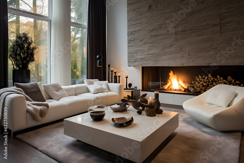 White sofa near fireplace. Interior design of modern living room ai generated