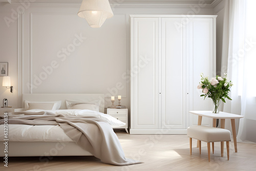 White wooden wardrobe in scandinavian style interior design of modern bedroom ai generated
