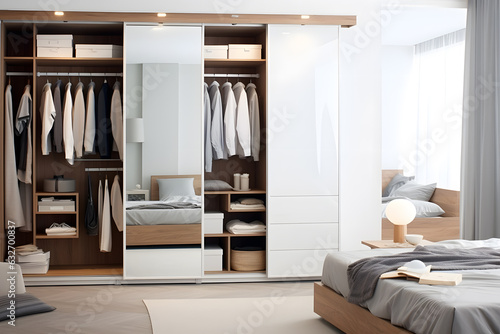 White wooden wardrobe in scandinavian style interior design of modern bedroom ai generated