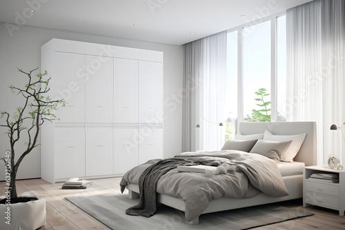 White wooden wardrobe in scandinavian style interior design of modern bedroom ai generated