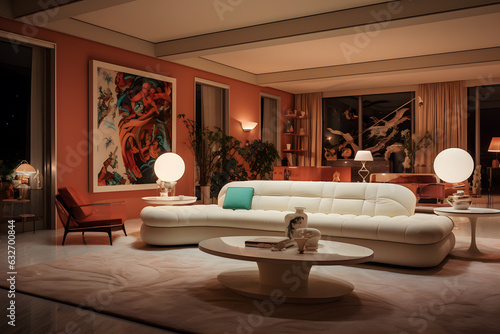 a living room with sofa , side table, ceiling , fierplace, quiet stlye design by carlo scarp ai generated