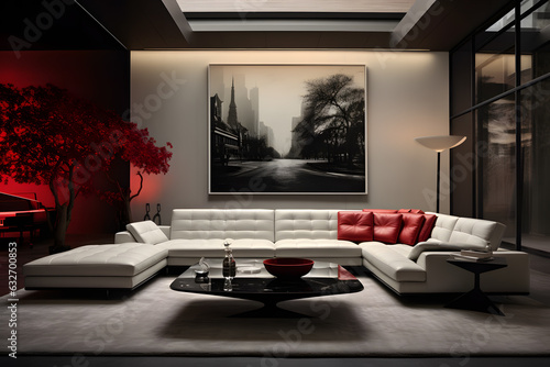 a living room with sofa , side table, ceiling , fierplace, quiet stlye design by carlo scarp ai generated photo