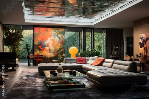 a living room with sofa , side table, ceiling , fierplace, quiet stlye design by carlo scarp ai generated