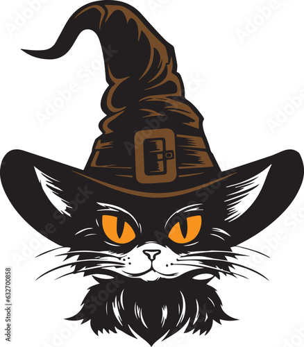 Halloween cat in a witch hat, Vintage cat head, halloween black cat Vector illustration, SVG