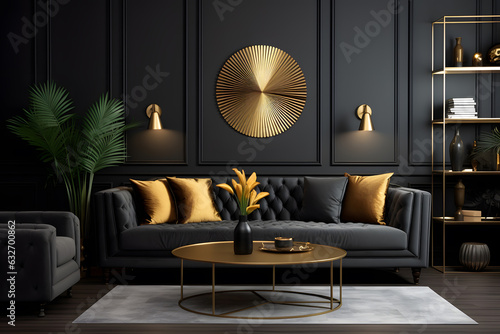 modern living room with black wall and golden decor pieces ai generated