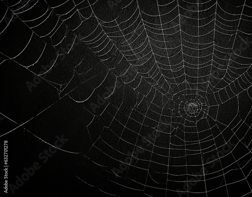 Real creepy spider webs on black background with copy space