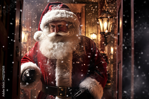 Santa's Arrival: High-Resolution Photograph Capturing Santa Claus Entering a Festively Decorated Home, Bringing with Him a Bundle of Holiday Cheer