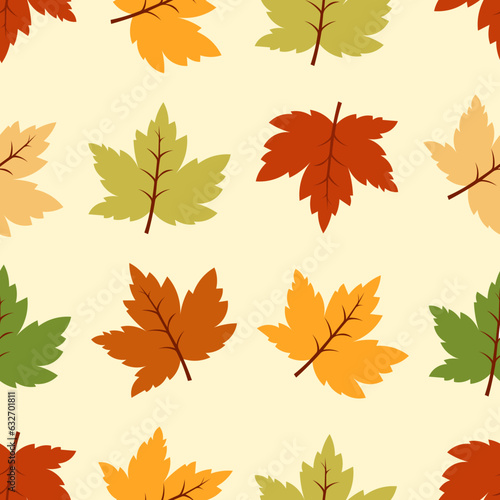 Autumn botanical background with colorful maple leaf on yellow . Falling leaves seamless pattern. Vector cartoon illustration of nature. For banners, cards, flyers, social media wallpapers, etc.