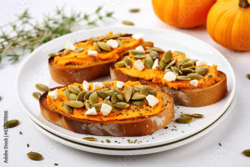 Pumpkin Puree Toasts on white ceramic plate on white background with pumpkins. Autumn meal concept. Generative AI