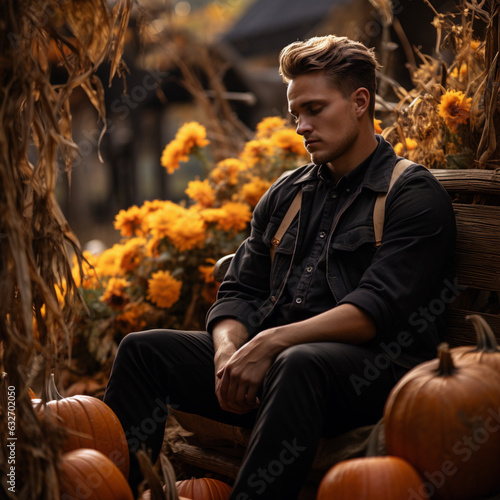 handsome man sitting around fall autumn decor