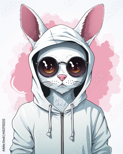 A stylish white cat wearing a hoodie and glasses © Unicorn Trainwreck