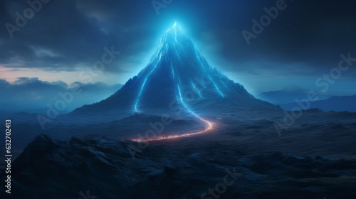 A majestic mountain illuminated by a powerful