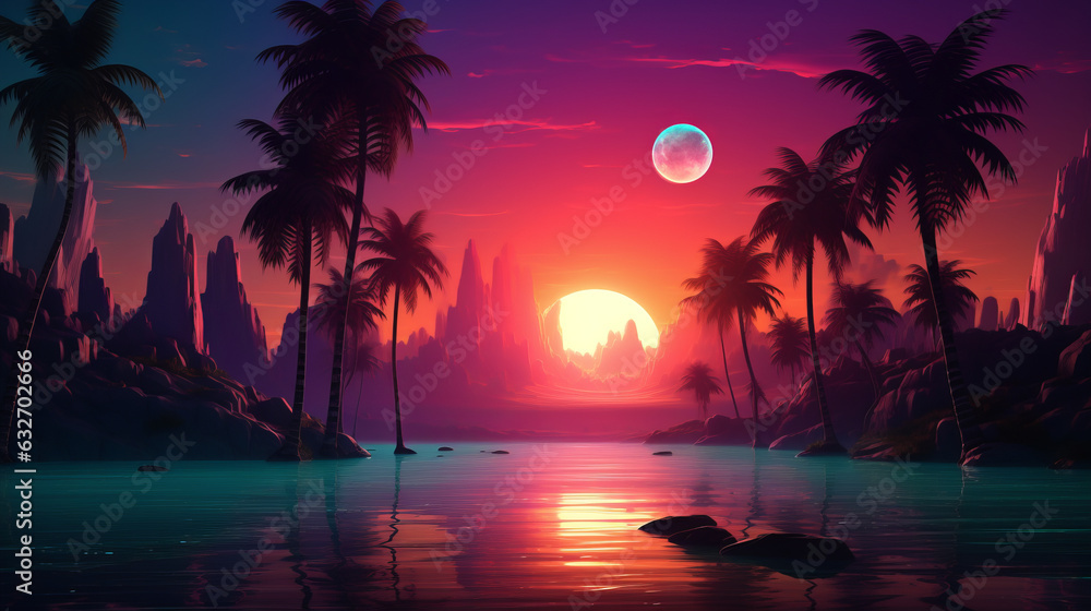 A vibrant tropical sunset with majestic palm