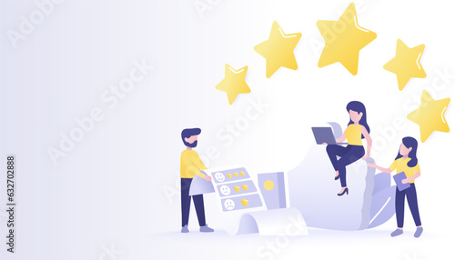 Customer satisfaction and give 5 star thumb up. Customer review data, star rating, feedback, positive thinking and comment of increase and improve customer loyalty. Flat vector design illustration.