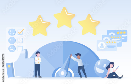 Customer satisfaction, reaction, feedback from client. Level of satisfaction with a product or service. Reviews, ratings, comment, customer loyalty. Flat vector design illustration.