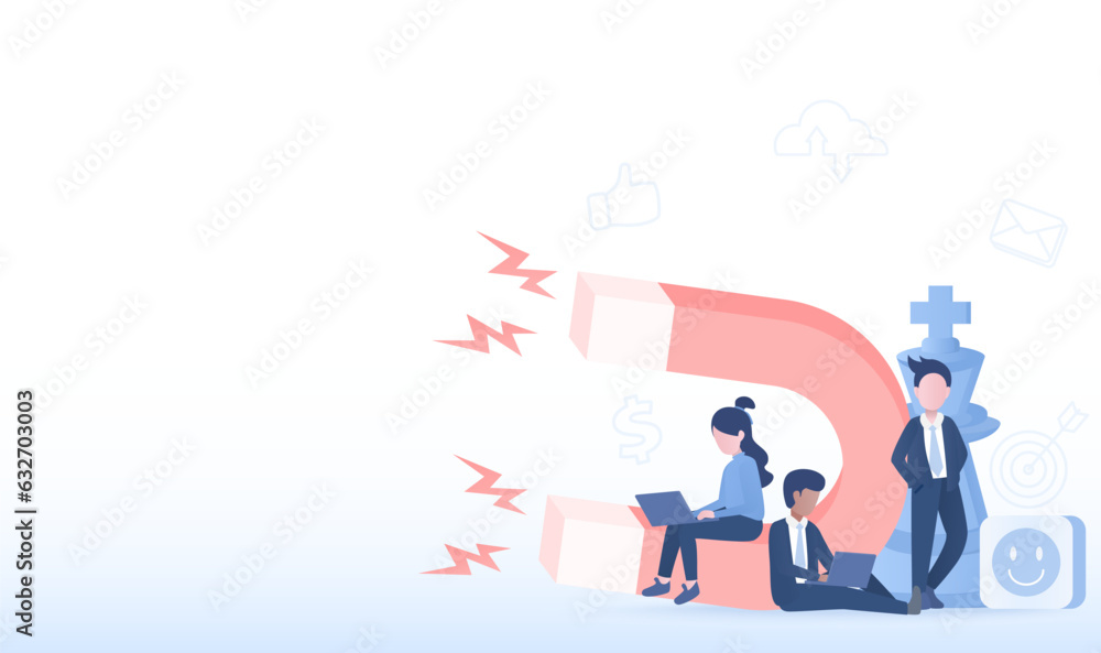 Social media and marketing strategy concept. Large magnet and people planning, brainstorming about new campaign brand, online promotion, opportunity, competition. Flat vector design illustration.