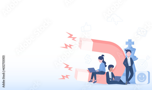 Social media and marketing strategy concept. Large magnet and people planning, brainstorming about new campaign brand, online promotion, opportunity, competition. Flat vector design illustration.