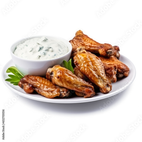 Chicken wings with blue cheese dip isolated on white background side view 