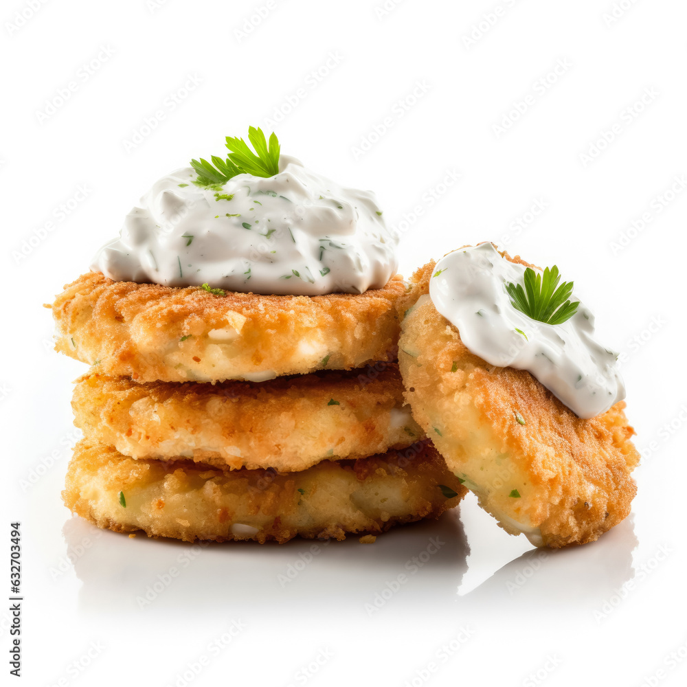 Fried crab cakes with tartar sauce isolated on white background side view Fried crab cakes with tartar sauce isolated on white background side view