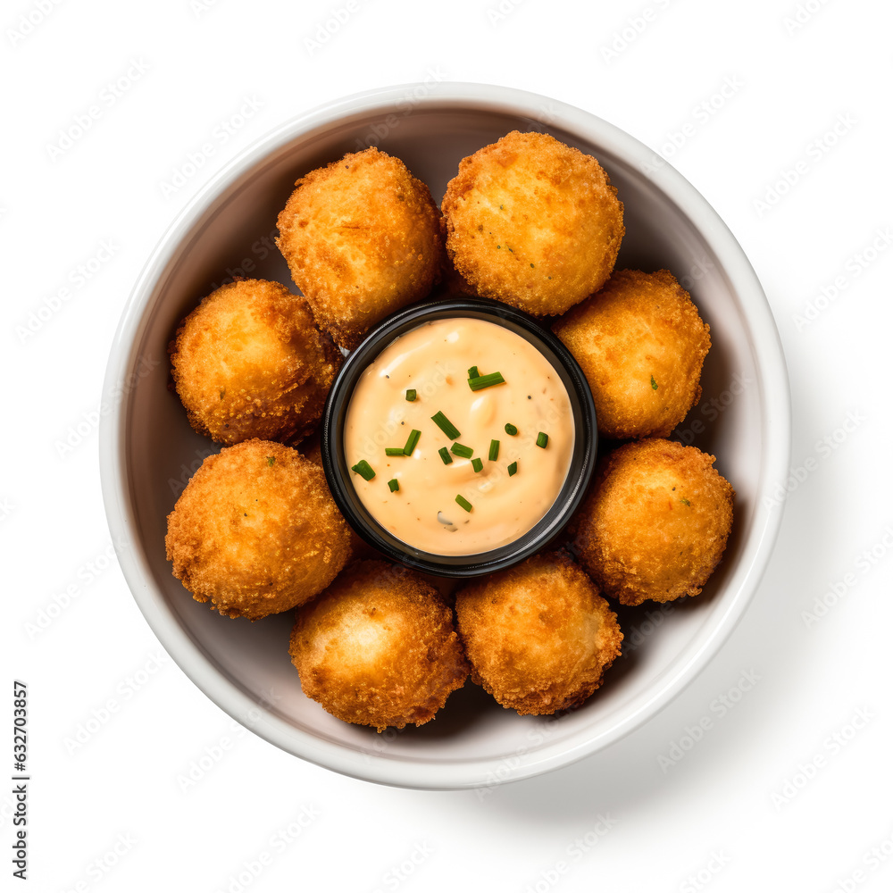 Fried macaroni and cheese balls with chipotle aioli isolated on white background top view Fried macaroni and cheese balls with chipotle aioli isolated on white background top view