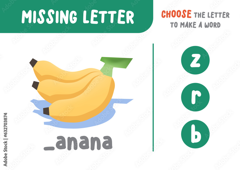 Missing letter (banana), the alphabet letter vocabulary game for kid ...