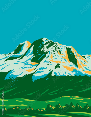 WPA poster art of Cordillera Blanca with Huandoy, Huascaran and Chopicalqui mountains part of the larger Andes range in Ancash region Peru done in works project administration or Art Deco style.
