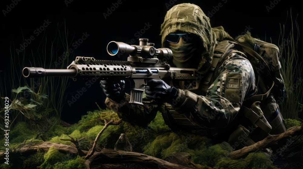 hyperrealistic depiction of a battle-hardened sniper entrenched in the heart of warfare, clad in an intricately detailed camouflage suit that expertly merges with their environment 16:9