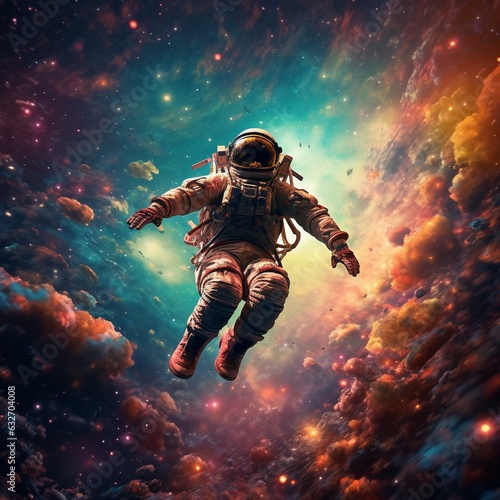 trippy astronaught floating through galaxy