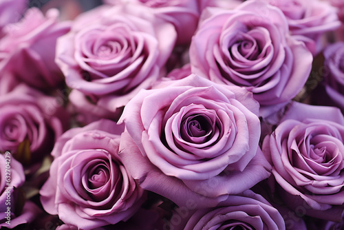 mehrere lila violet Rosen in Bl  tezeit. Querformat. Generative Ai.