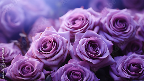 mehrere lila violet Rosen in Blütezeit. Querformat. Generative Ai. photo