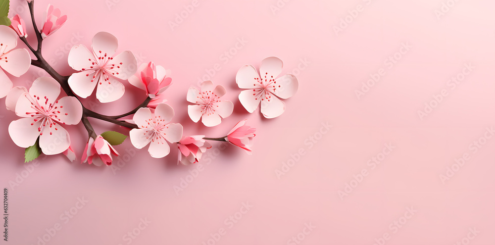 Branch of cherry or Sakura blossom isolated on pink background. Spring card