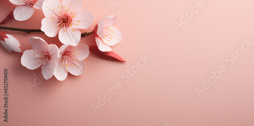 Branch of cherry or Sakura blossom isolated on pink background. Spring card © Oksana
