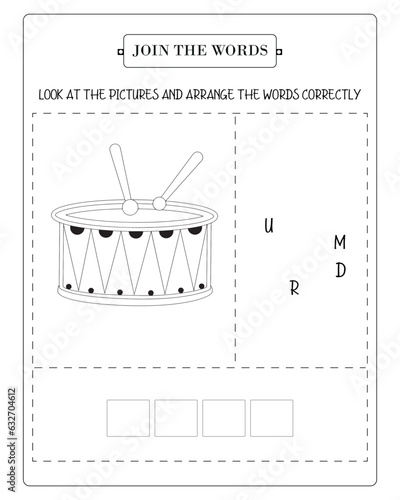 Educational word puzzle activity sheet featuring a drum for kids to learn and play a game