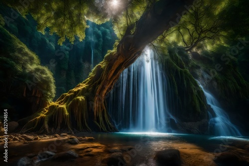 big tree, waterfall, universe, fairyland, sparkling, sharp, detailed, panoramic - AI Generative © Being Imaginative